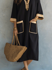 Effortless Coastal Elegance Black Tunic Pocket Detail Kaftan Midi Dress