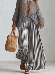 Bohemian Open-Knit Resort Silver Grey Sweater & Stripe Palazzo Set