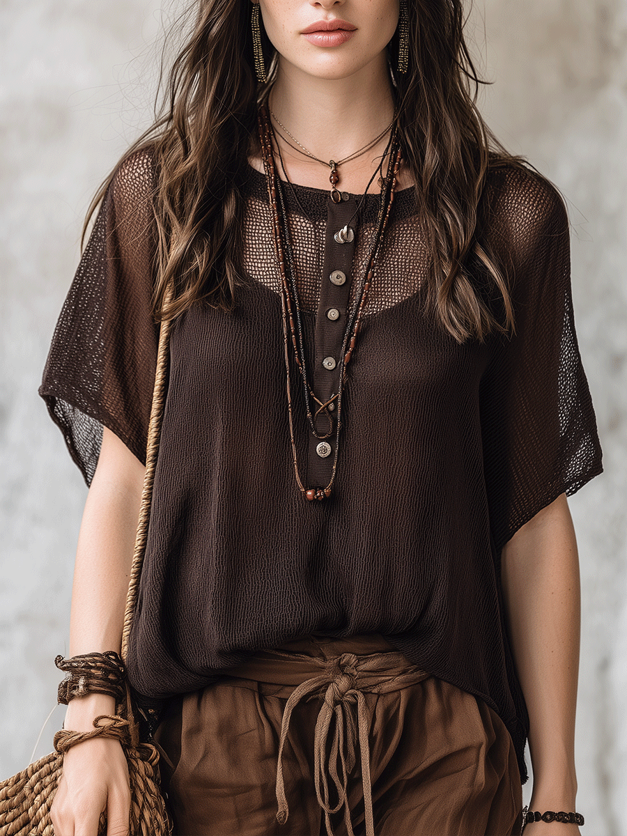 Effortless Coastal Elegance Mesh  Button-Front Boho Henley Top