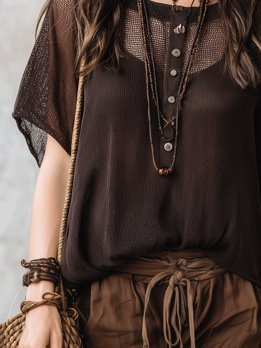Effortless Coastal Elegance Mesh  Button-Front Boho Henley Top