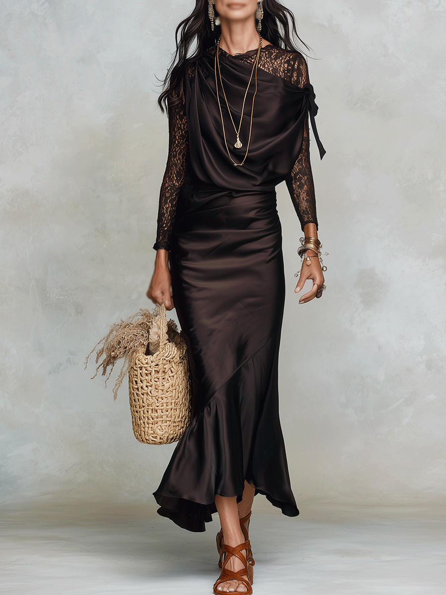 Elegant Vacation Noir Lace Detail Flowing Maxi Dress