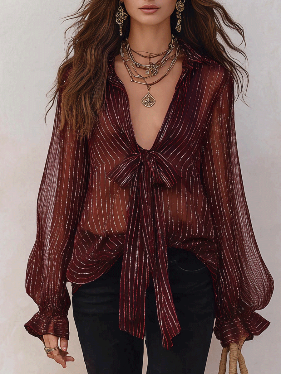 Bohemian Shimmer Stripe Resort Burgundy Tie-Front Blouse