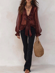 Bohemian Shimmer Stripe Resort Burgundy Tie-Front Blouse