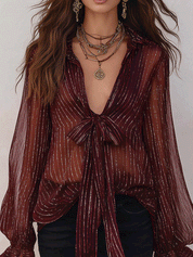 Bohemian Shimmer Stripe Resort Burgundy Tie-Front Blouse