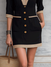 Elegant Contrast Trim Resort Noir Chic V-Neck Pocket Mini Dress
