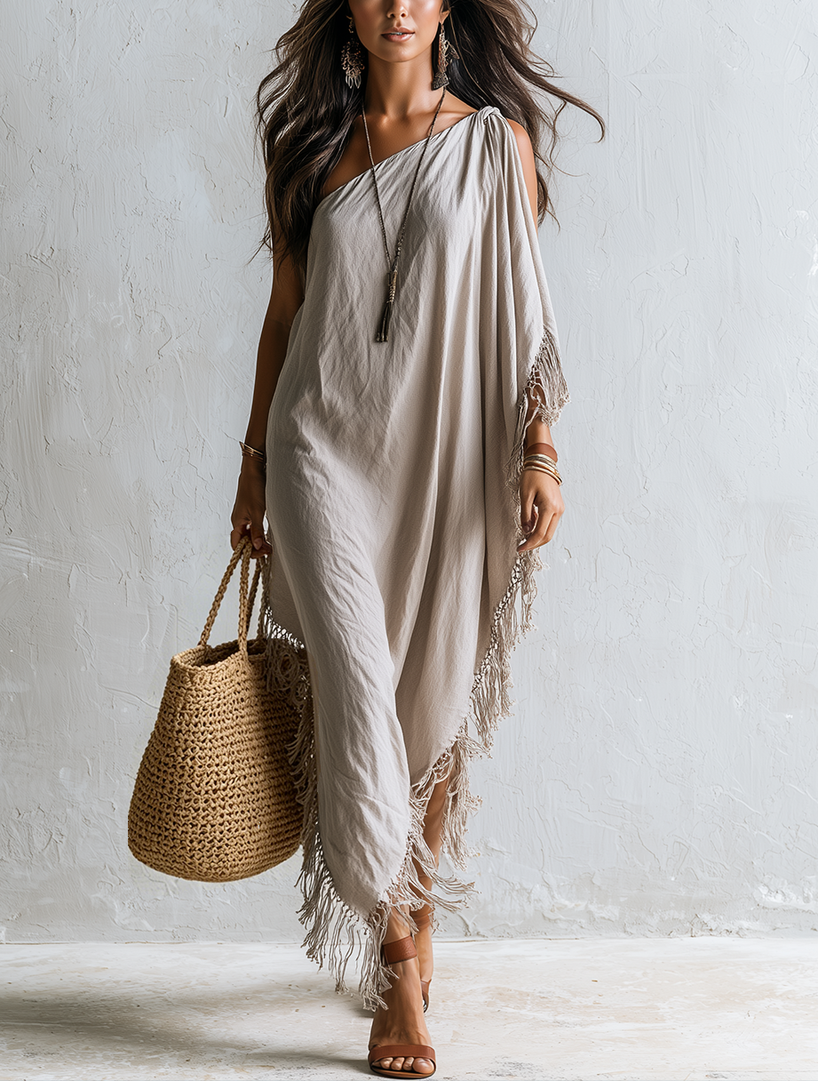Elegant Beige Fringed Asymmetric Draped Kaftan Dress