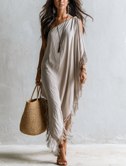 Elegant Beige Fringed Asymmetric Draped Kaftan Dress