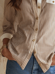 Effortless Coastal Elegance Neutral Stripe Cotton Blend Blouse