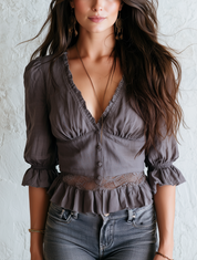 Casual Grey V-Neck Button Blouse