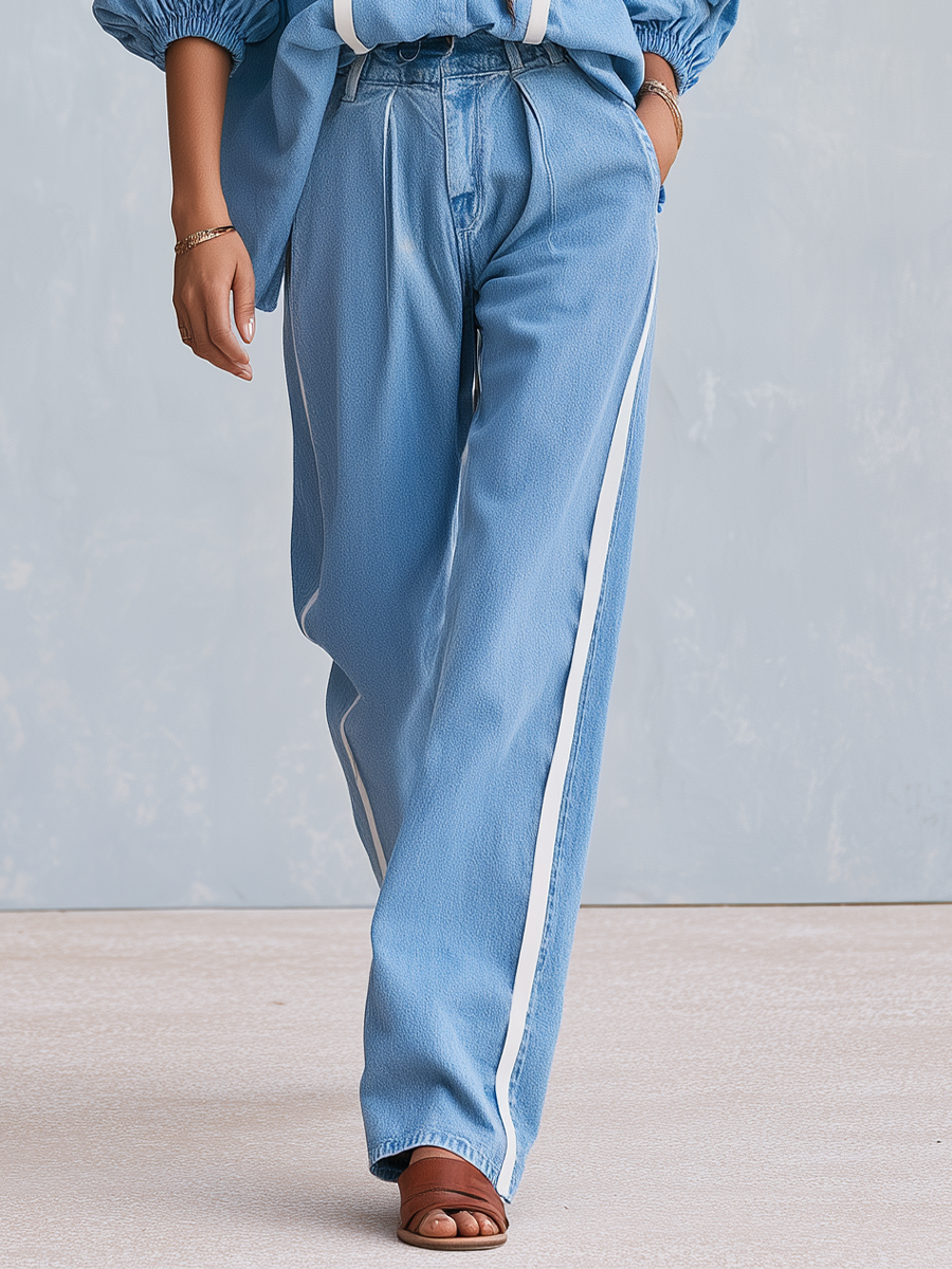Casual Blue Stripe Button Front Shirt Denim Co-ord Set