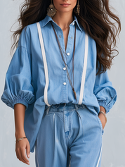 Casual Blue Stripe Button Front Shirt Denim Co-ord Set