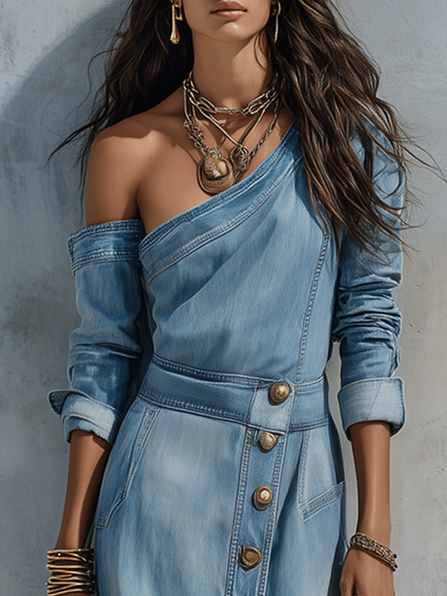 Effortless Coastal Sky Blue Off-Shoulder Wash Denim Midi Dress