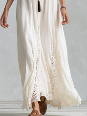 Boho White Lace Panel Belted Maxi Dress