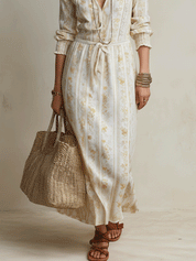 Elegant Vacation Cream Floral Long Sleeve Boho Maxi Dress