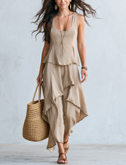 Minimalist Beige Layered Asymmetric Draped Midi Dress