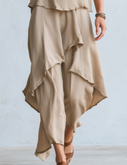 Minimalist Beige Layered Asymmetric Draped Midi Dress