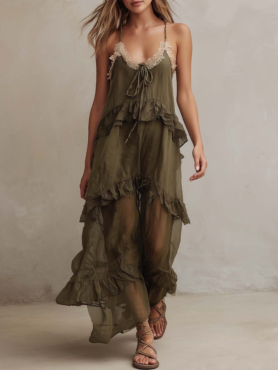 Ruffled Spaghetti-strap Midi Dress