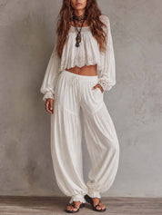 Soft Bohemian Lace Trim Lantern Pants Two-piece Set