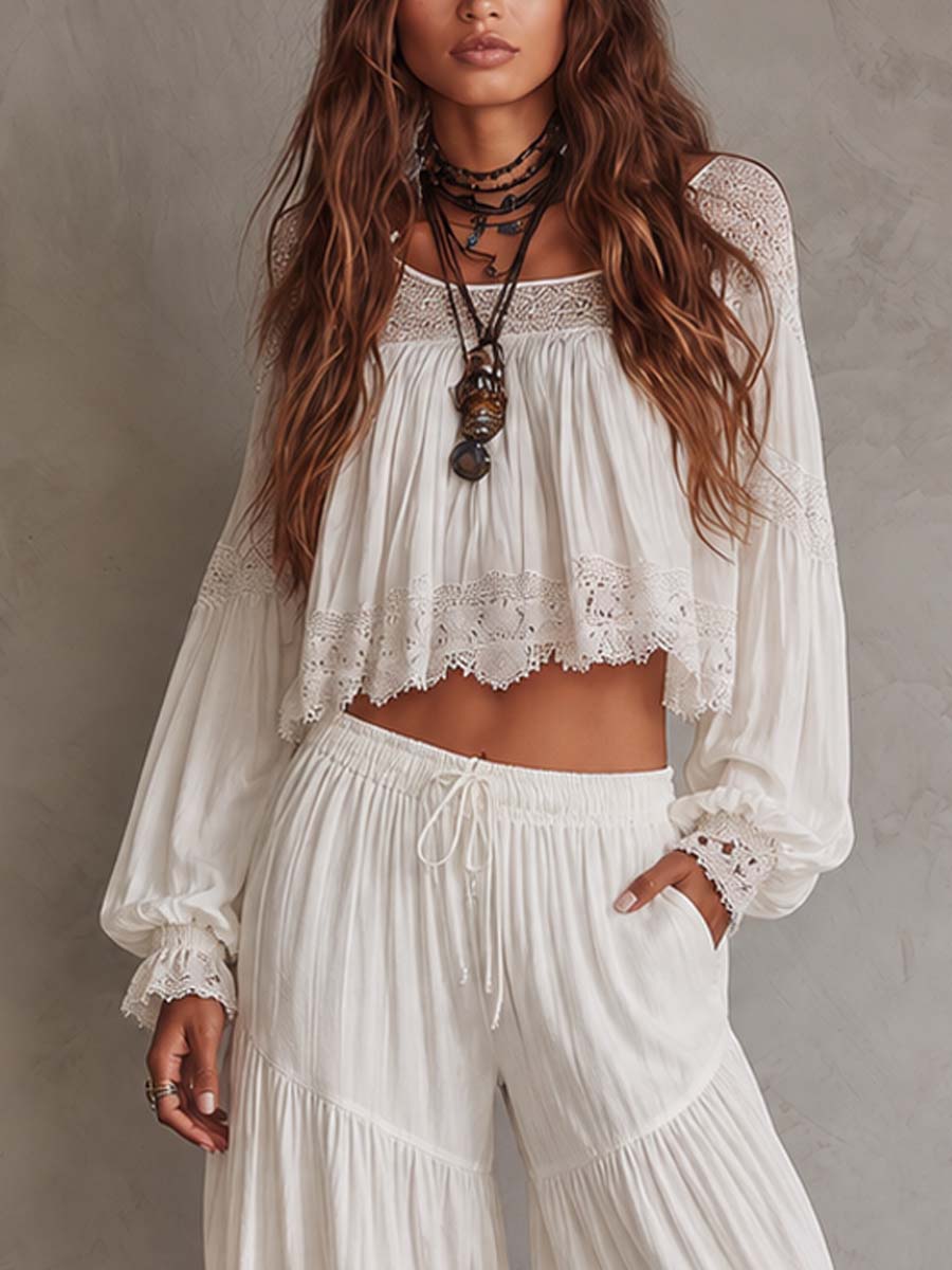 Soft Bohemian Lace Trim Lantern Pants Two-piece Set