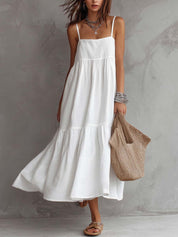 Square Neck Spaghetti Strap Cotton-linen Midi Dress