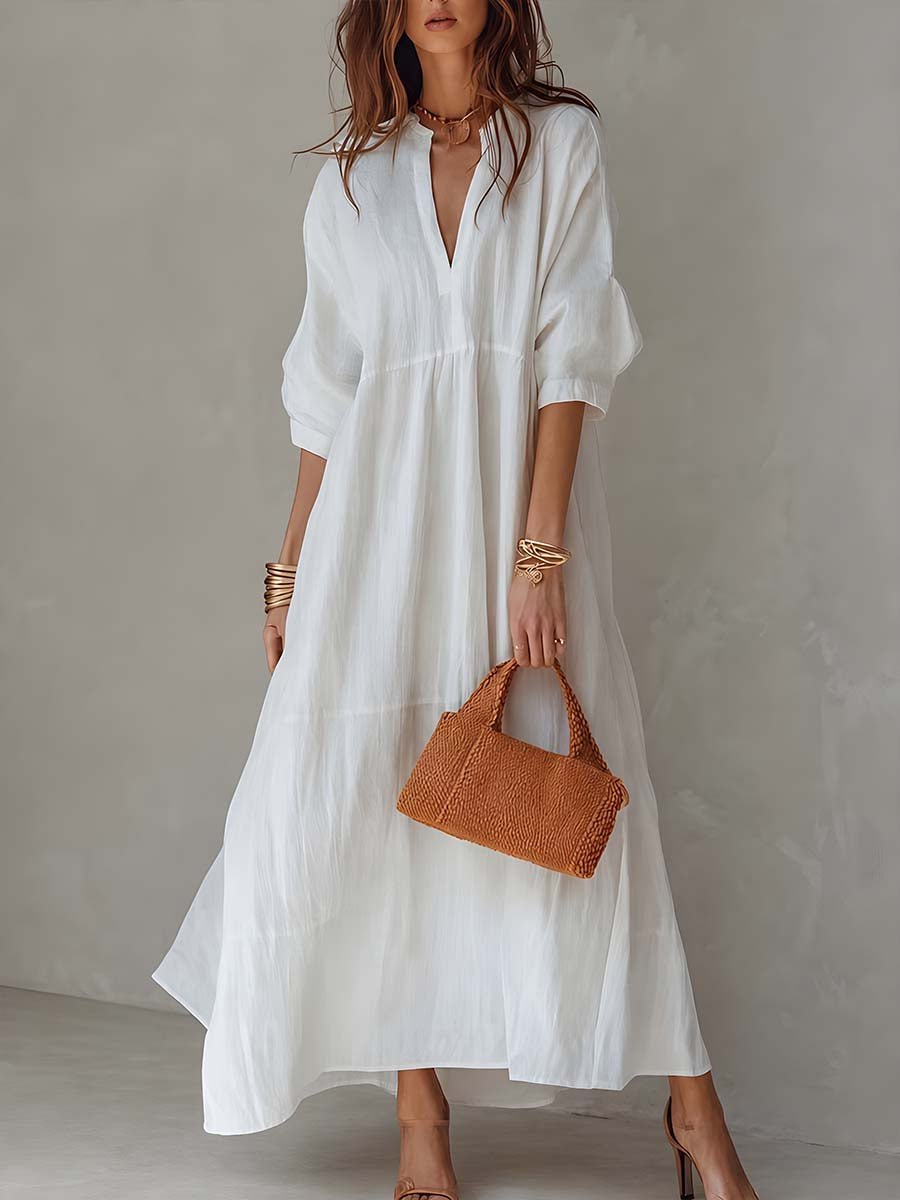 Loose Stand V Neck A-line Cotton Linen Midi Dress