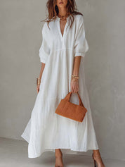 Loose Stand V Neck A-line Cotton Linen Midi Dress