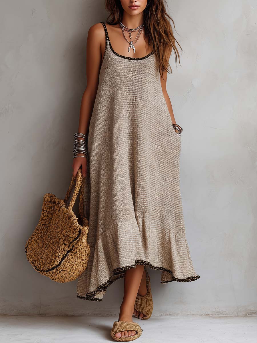 Contrast Piping And Flared Hem Knit Midi Dress