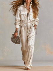 Bohemian White Satin Practical Pocket Zip-up Jumpsuit