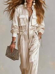 Bohemian White Satin Practical Pocket Zip-up Jumpsuit