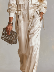 Bohemian White Satin Practical Pocket Zip-up Jumpsuit