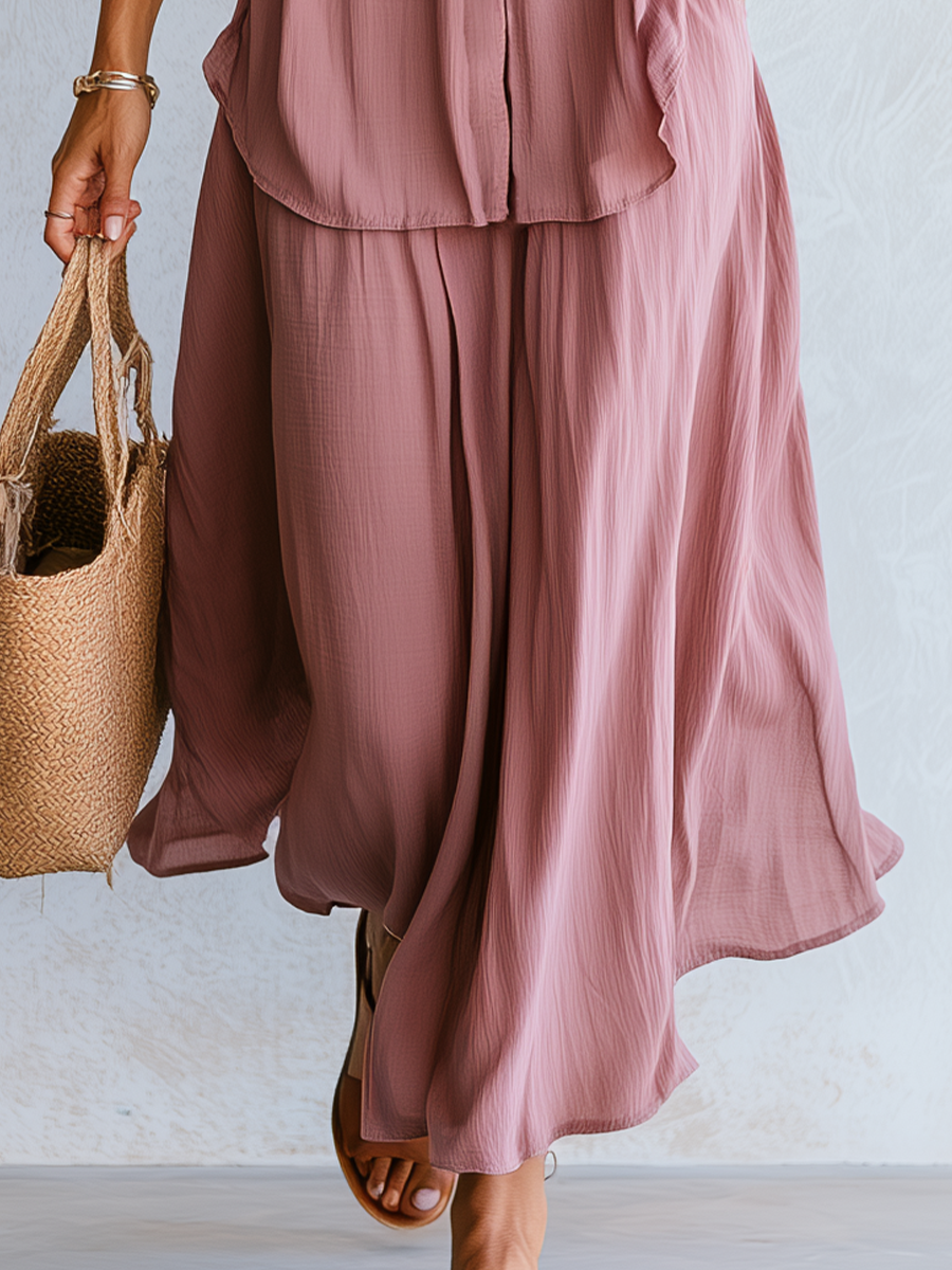 Romantic Dusty Rose Drawstring Waist Blouse Maxi Skirt Set