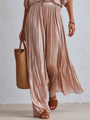 Luxurious Rose Gold Plisse V-Neck Wide Leg Pant Set
