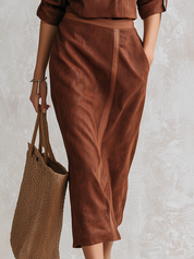 Vintage Brown Suede Tailored Blazer & Midi Skirt Set