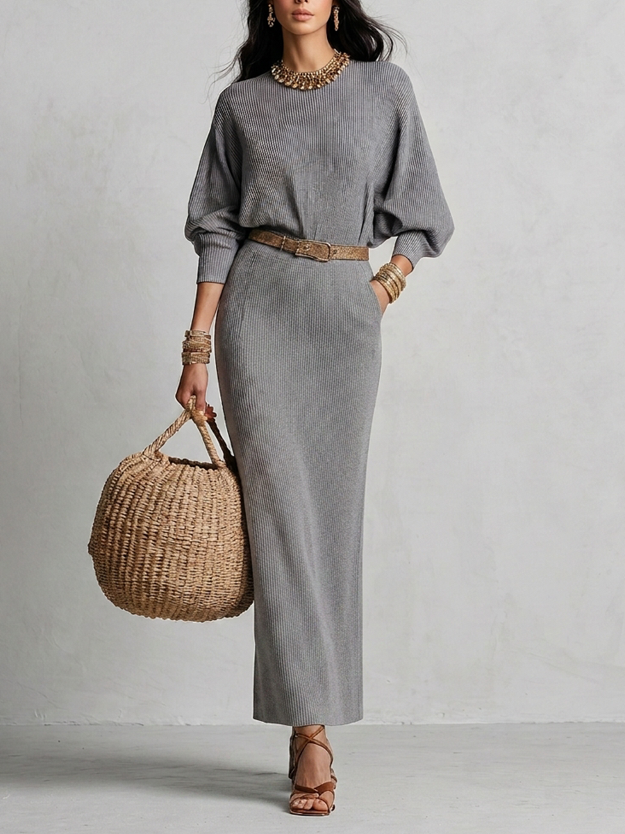 Elegant Grey Ribbed Knit Straight-Cut Maxi Dress