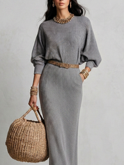 Elegant Grey Ribbed Knit Straight-Cut Maxi Dress