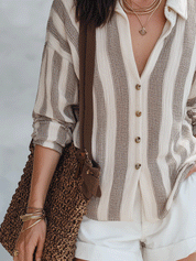 Casual Chic Beige Striped Waffle-Knit Shirt And Short Set