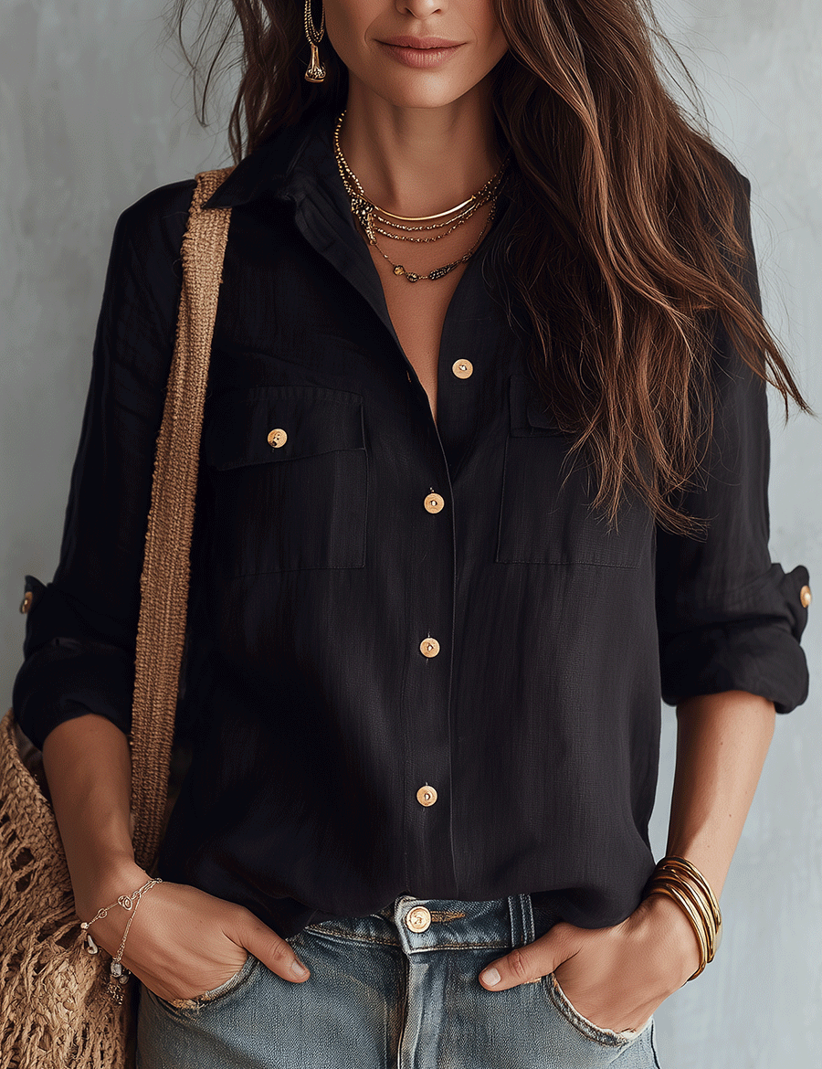 Casual Elegance Black Cotton-Linen Pocket Shirt