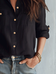 Casual Elegance Black Cotton-Linen Pocket Shirt