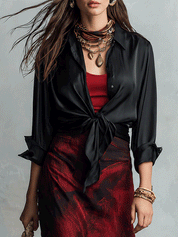 Chic Burgundy Tie-Dye Satin Maxi Skirt Black Satin Tie-Front Blouse Set