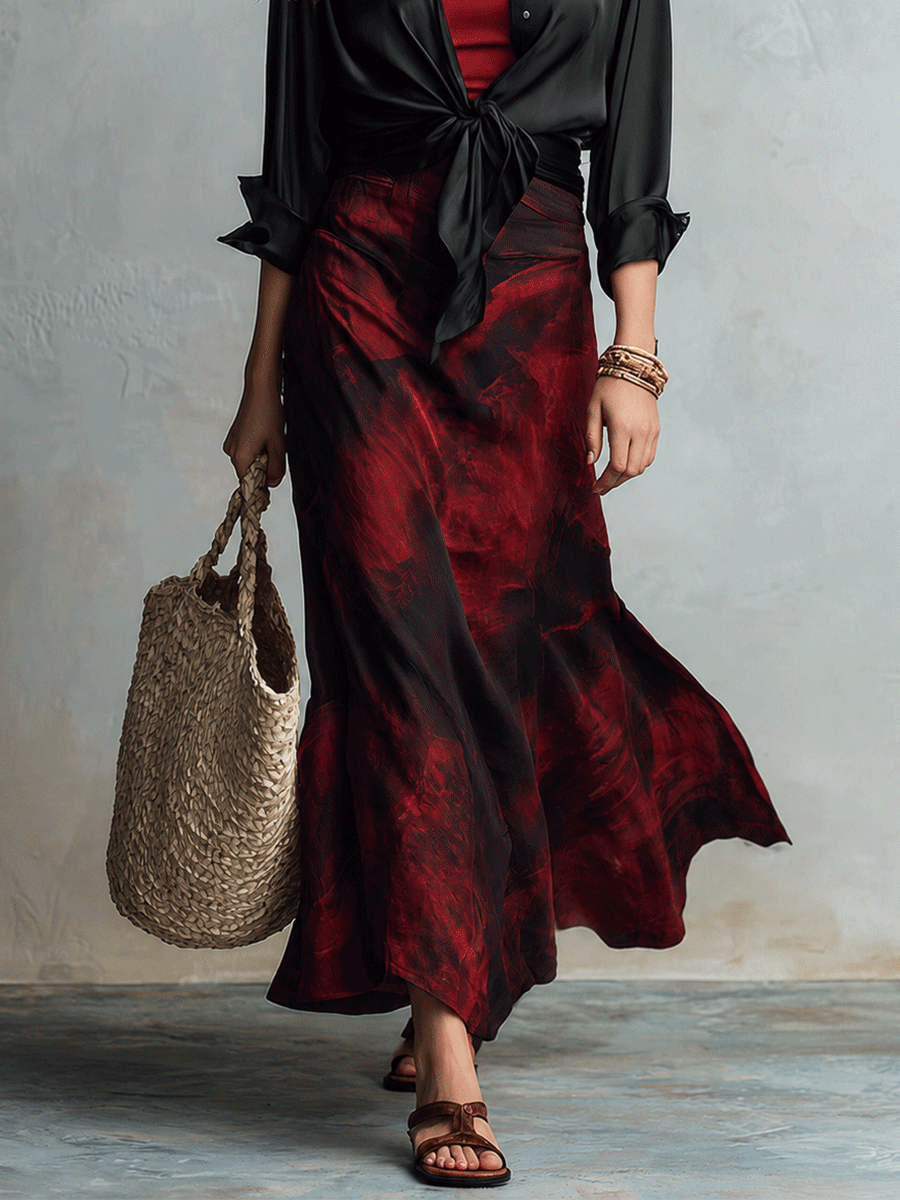 Chic Burgundy Tie-Dye Satin Maxi Skirt Black Satin Tie-Front Blouse Set