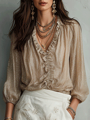 Romantic Vintage Metallic Gold Ruffled Top White Floral Embroidered Mini Skirt