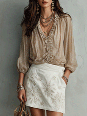 Romantic Vintage Metallic Gold Ruffled Top White Floral Embroidered Mini Skirt
