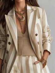 Chic Tailored Beige Striped Linen Blazer Set