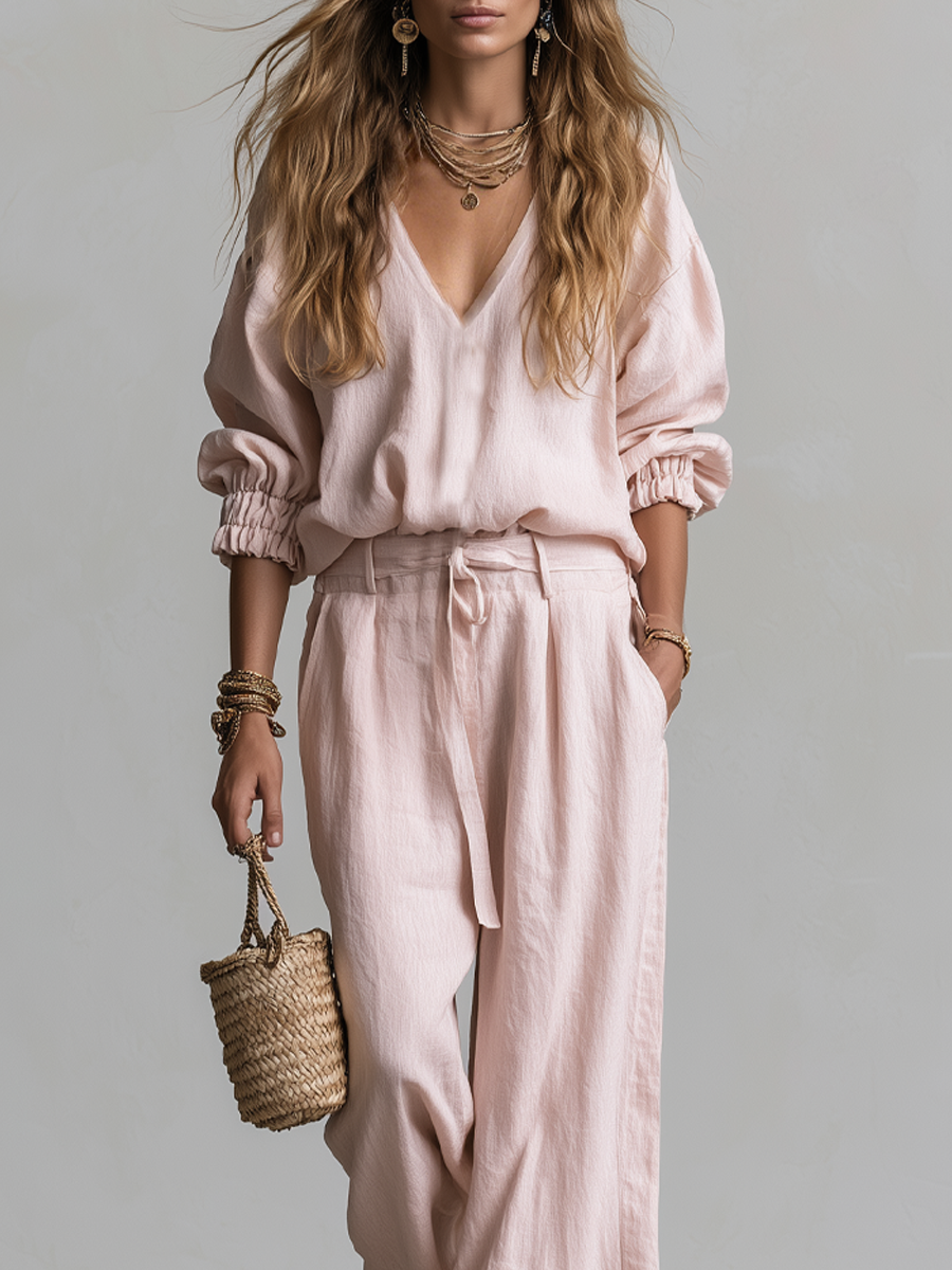 Bohemian Pink Linen Pants Suit