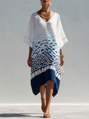 Bohemian Style White And Blue Gradient Kaftan Dress