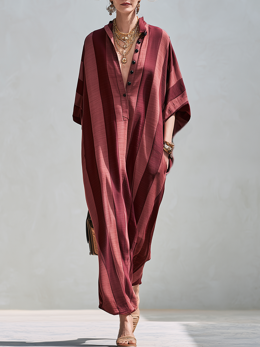 Bohemian Style Burgundy Striped Kaftan Maxi Dress