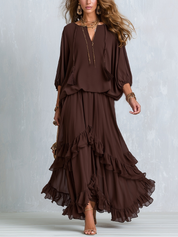 Bohemian Style Brown Layered Ruffle Skirt Suit