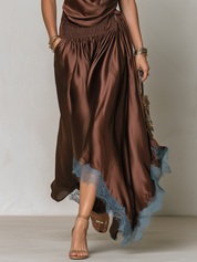 Bohemian Style Draped Neck Top And Lace Skirt Set