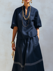 Bohemian Blue Short Sleeve Color Blocked Striped Skirt Set