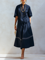 Bohemian Blue Short Sleeve Color Blocked Striped Skirt Set